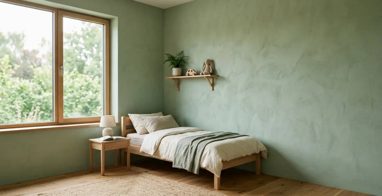 Chambre d'enfant lumineuse avec murs en peinture naturelle à la chaux, finition mate et douce