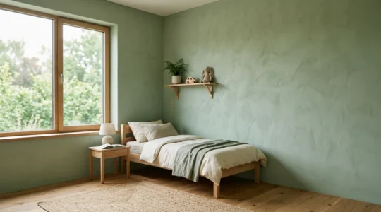 Chambre d'enfant lumineuse avec murs en peinture naturelle à la chaux, finition mate et douce