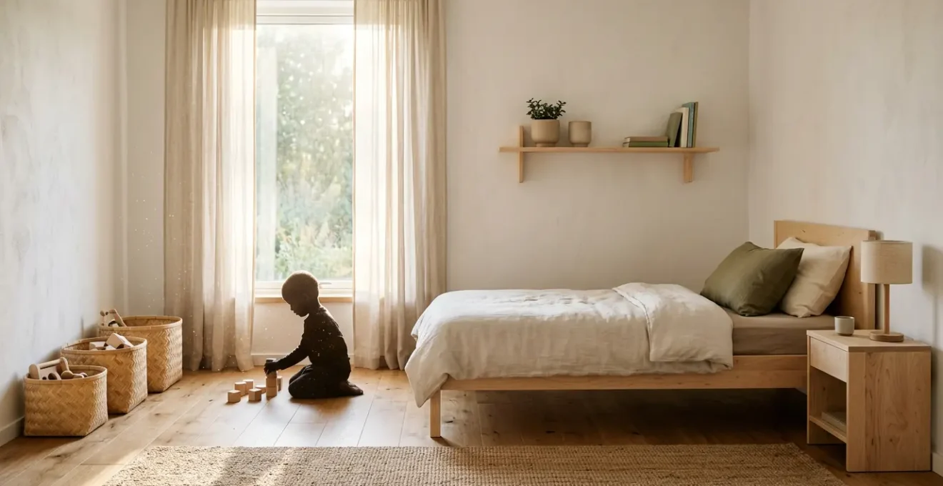 Chambre d'enfant lumineuse avec mobilier en bois massif et textiles naturels