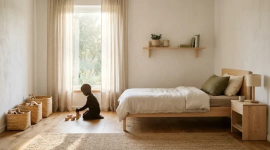 Chambre d'enfant lumineuse avec mobilier en bois massif et textiles naturels