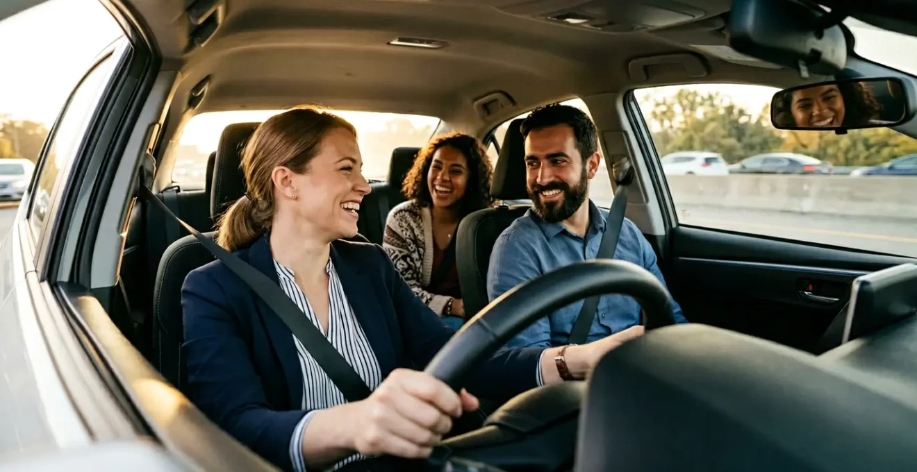 Conducteur souriant partageant sa voiture avec des passagers pour le trajet domicile-travail