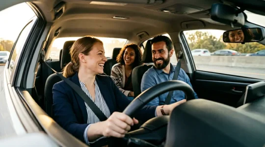 Conducteur souriant partageant sa voiture avec des passagers pour le trajet domicile-travail