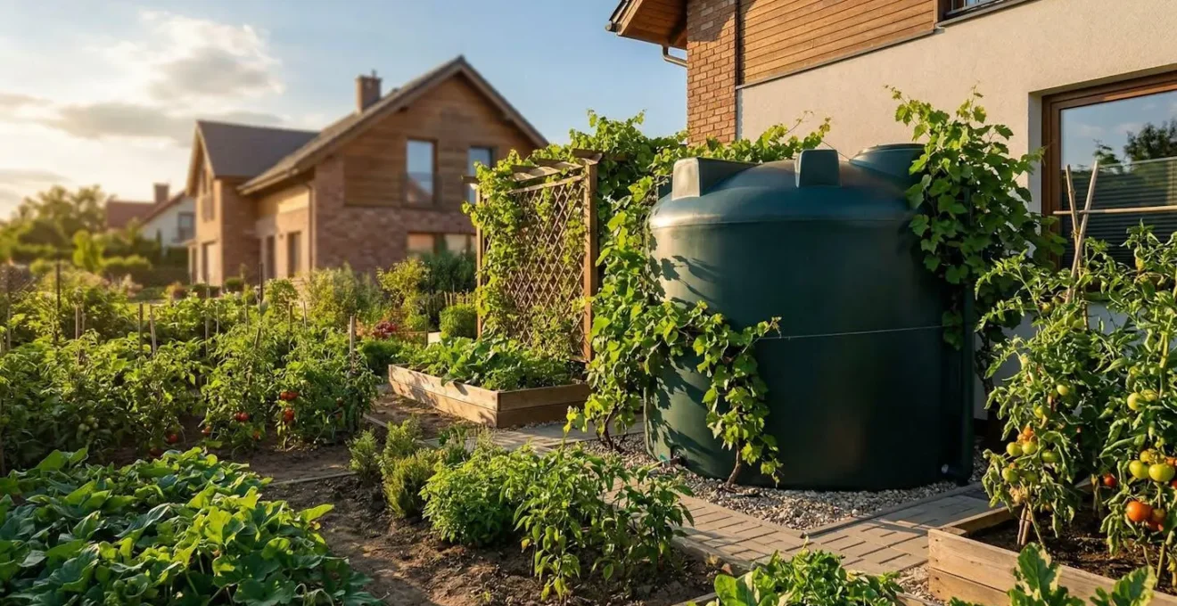 Installation de cuve de récupération d'eau de pluie dans un jardin avec potager