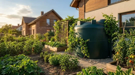 Installation de cuve de récupération d'eau de pluie dans un jardin avec potager