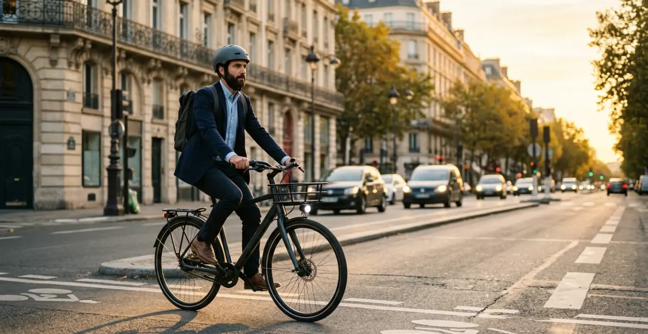 Cycliste urbain en tenue professionnelle circulant en toute sécurité dans une zone urbaine française