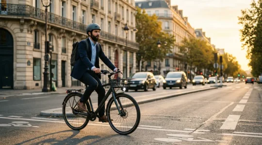 Cycliste urbain en tenue professionnelle circulant en toute sécurité dans une zone urbaine française