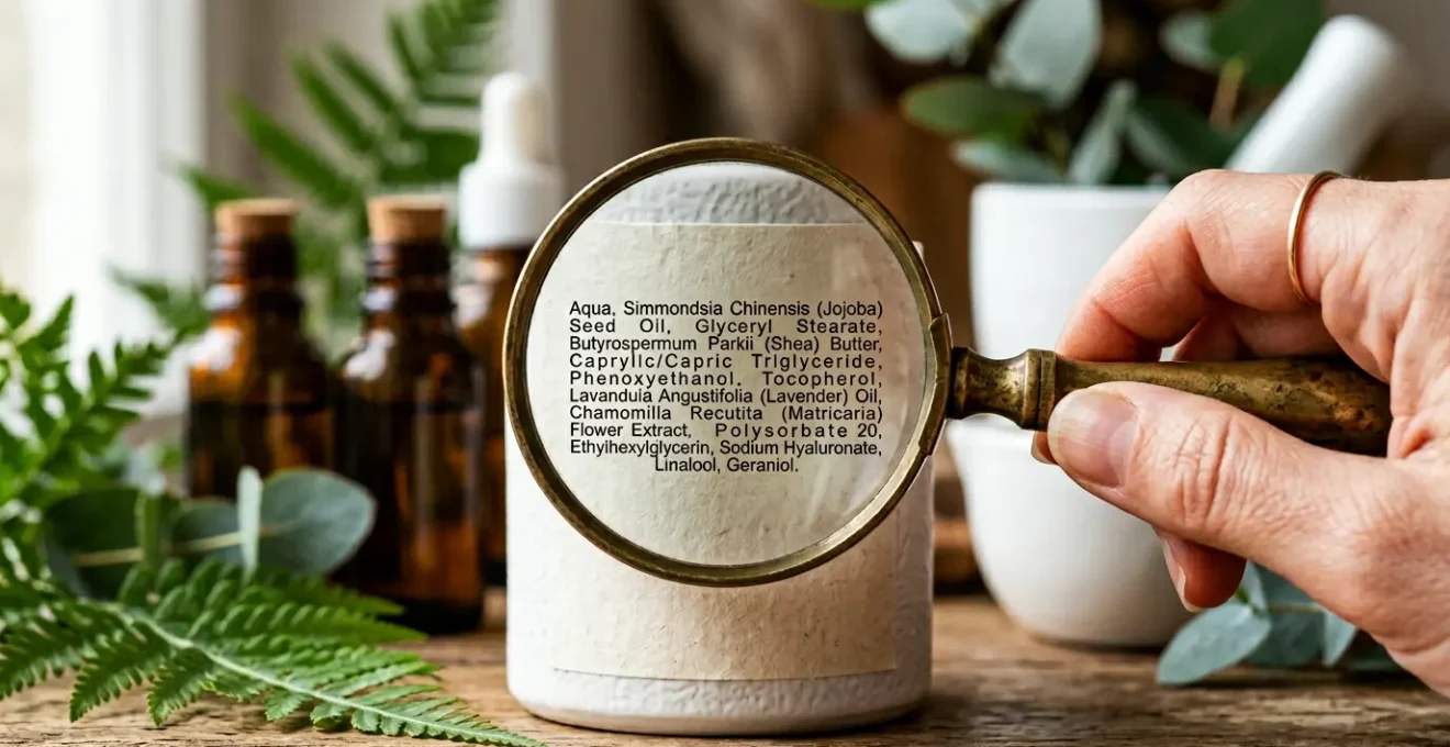 Détail en macro d'une main examinant l'étiquette d'un produit cosmétique avec une loupe, révélant des ingrédients en liste INCI