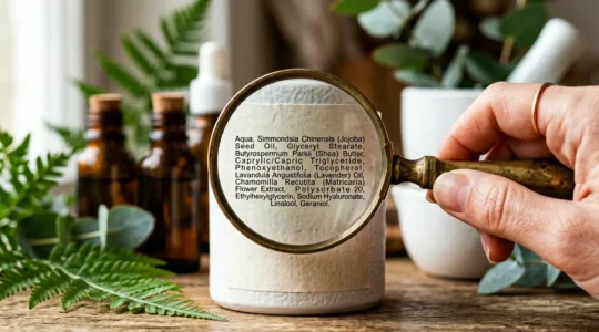 Détail en macro d'une main examinant l'étiquette d'un produit cosmétique avec une loupe, révélant des ingrédients en liste INCI