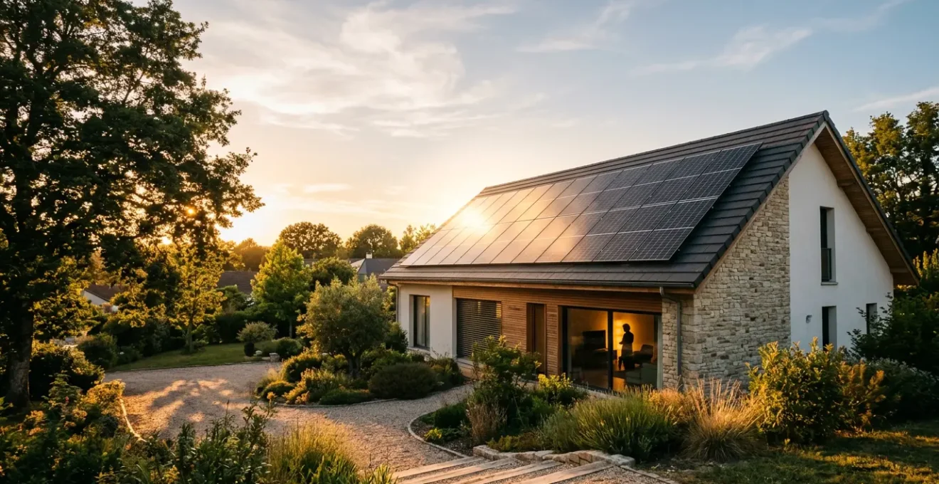 Installation de panneaux solaires sur un toit de maison avec gestionnaire d'énergie intelligent et divers appareils électroménagers en fonctionnement