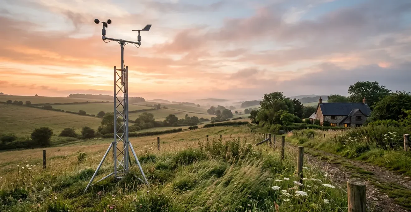 Terrain résidentiel avec anémomètre mesurant le vent pour l'installation d'une éolienne domestique
