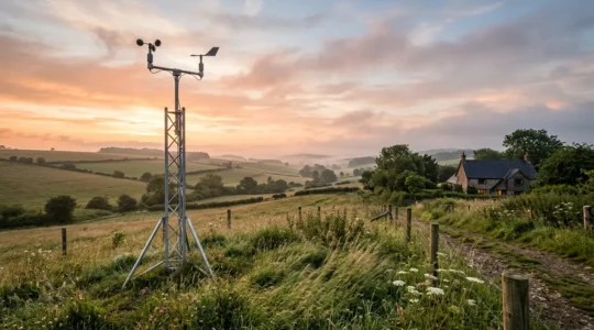 Terrain résidentiel avec anémomètre mesurant le vent pour l'installation d'une éolienne domestique