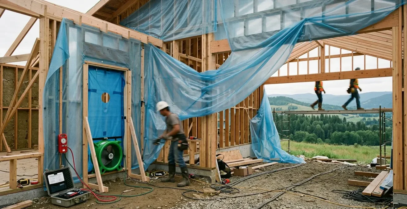 Test d'étanchéité à l'air d'un bâtiment avec équipement d'infiltrométrie et membranes techniques visibles