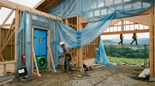 Test d'étanchéité à l'air d'un bâtiment avec équipement d'infiltrométrie et membranes techniques visibles