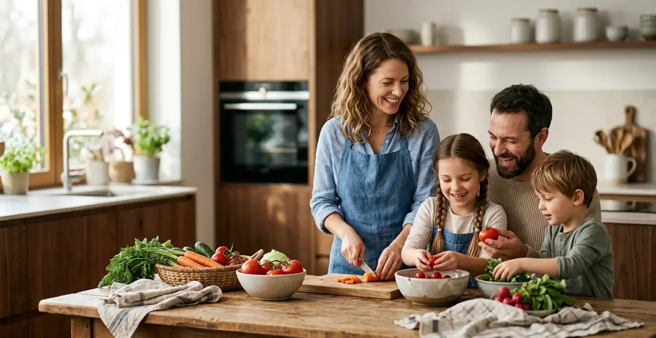 Famille préparant des légumes bio de saison dans une cuisine lumineuse