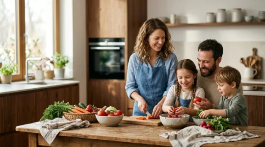 Famille préparant des légumes bio de saison dans une cuisine lumineuse