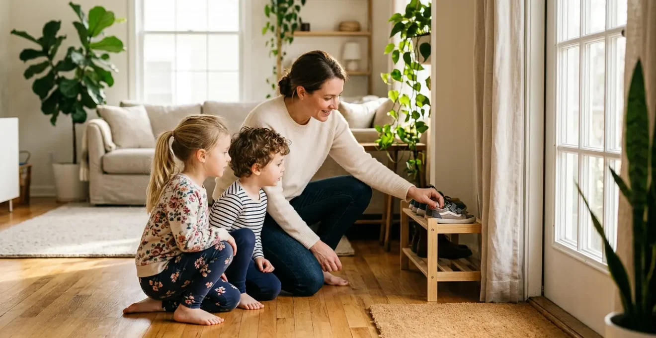 Famille avec enfants dans un intérieur lumineux avec plantes vertes et fenêtres ouvertes pour une meilleure qualité de l'air
