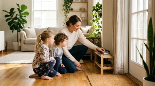 Famille avec enfants dans un intérieur lumineux avec plantes vertes et fenêtres ouvertes pour une meilleure qualité de l'air
