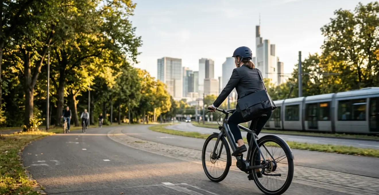 Professionnel utilisant un vélo électrique pour se rendre au travail en milieu urbain