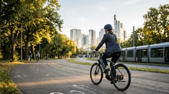 Professionnel utilisant un vélo électrique pour se rendre au travail en milieu urbain
