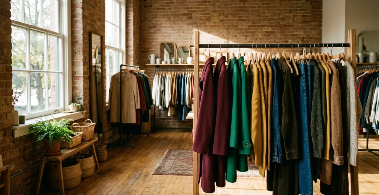 Étalage de vêtements vintage colorés dans une friperie avec lumière naturelle filtrant à travers la vitrine