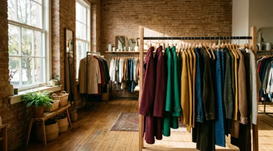 Étalage de vêtements vintage colorés dans une friperie avec lumière naturelle filtrant à travers la vitrine