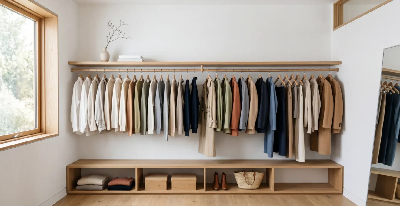 Dressing épuré avec une sélection soignée de vêtements harmonieux sur portants en bois