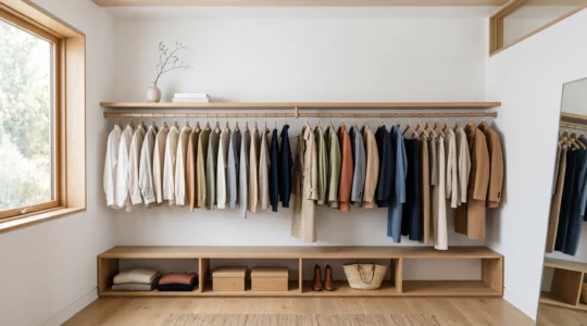 Dressing épuré avec une sélection soignée de vêtements harmonieux sur portants en bois