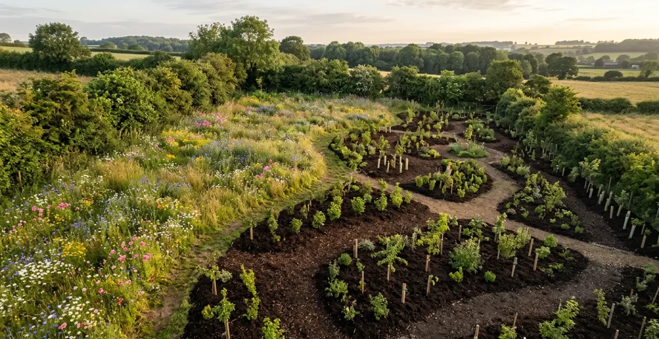 Vue aérienne d'un jardin en cours de transformation avec des zones de prairie fleurie, une haie diversifiée et des espaces sauvages