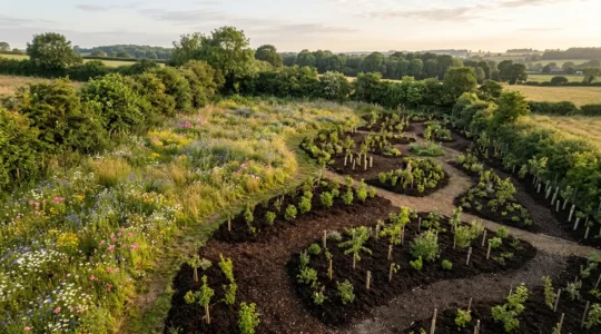Vue aérienne d'un jardin en cours de transformation avec des zones de prairie fleurie, une haie diversifiée et des espaces sauvages