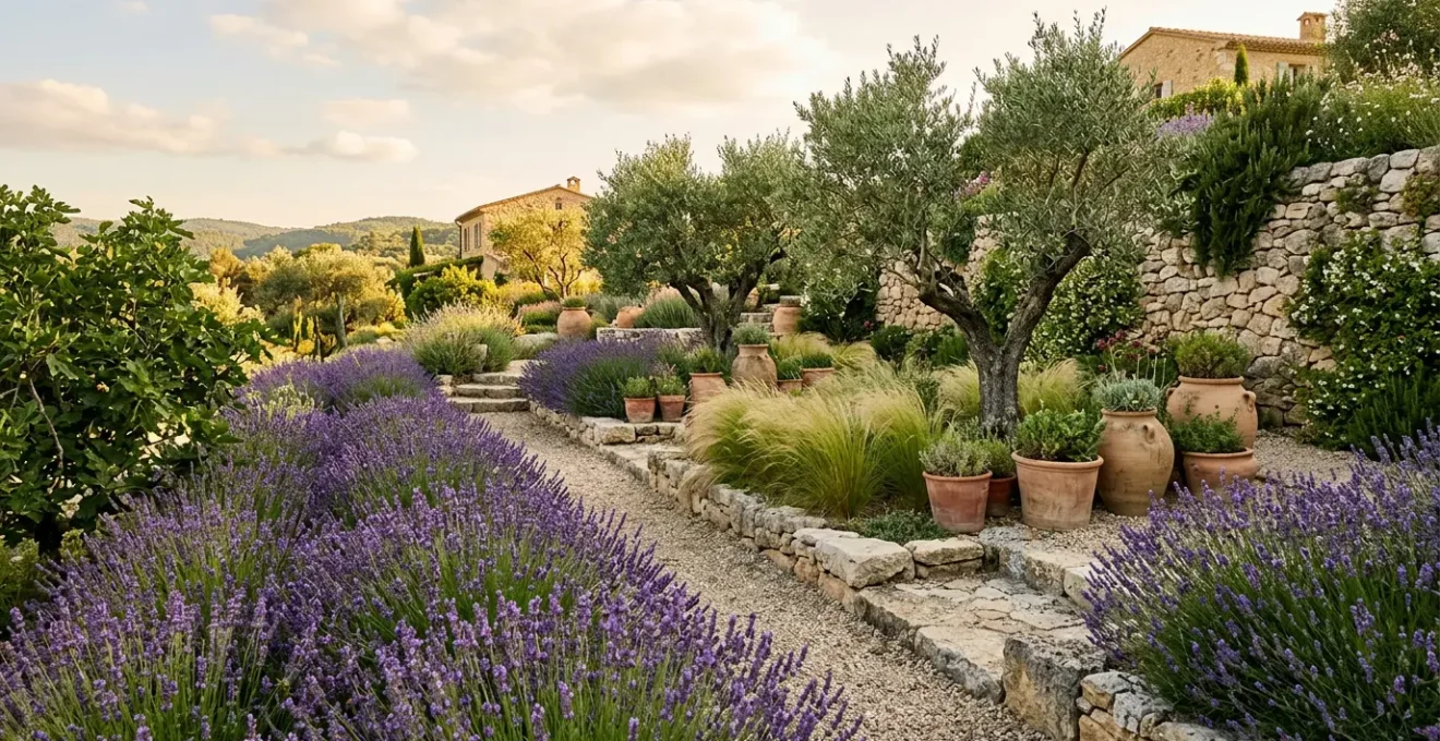 Jardin méditerranéen luxuriant en pleine floraison estivale avec lavandes, oliviers et plantes résistantes à la sécheresse