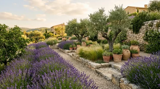 Jardin méditerranéen luxuriant en pleine floraison estivale avec lavandes, oliviers et plantes résistantes à la sécheresse