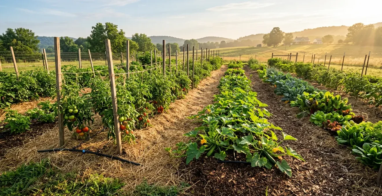 Vue d'ensemble d'un potager paillé avec système d'arrosage économe en été