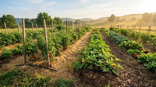 Vue d'ensemble d'un potager paillé avec système d'arrosage économe en été