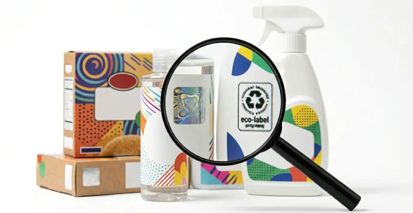 Comparaison visuelle entre labels officiels certifiés et faux labels autoproclamés sur des produits de consommation