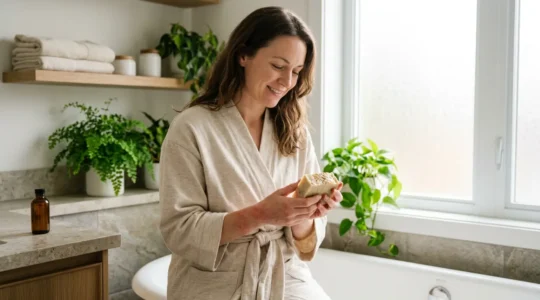 Femme apaisée dans sa salle de bain tenant délicatement un savon artisanal surgras