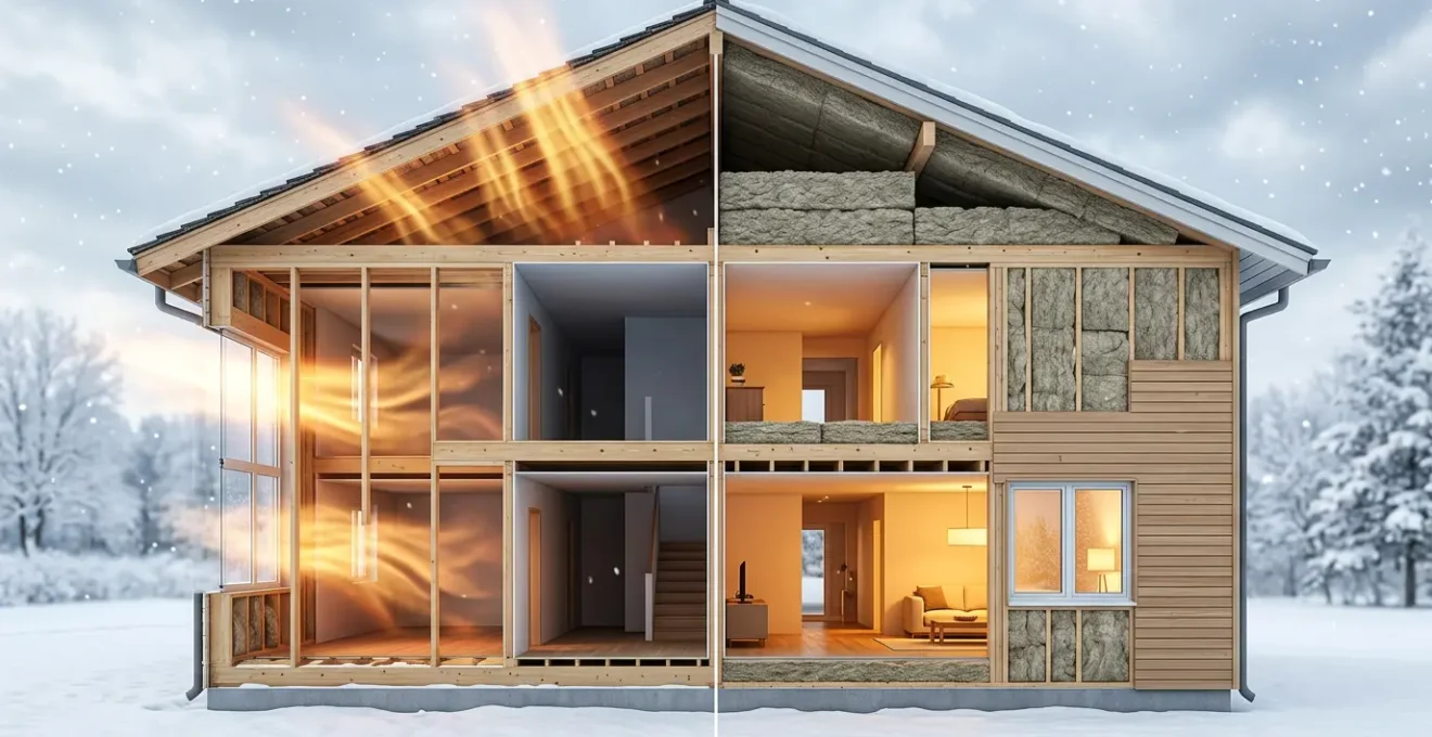 Coupe transversale d'une maison montrant les zones d'isolation thermique et les flux de chaleur