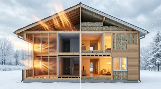 Coupe transversale d'une maison montrant les zones d'isolation thermique et les flux de chaleur