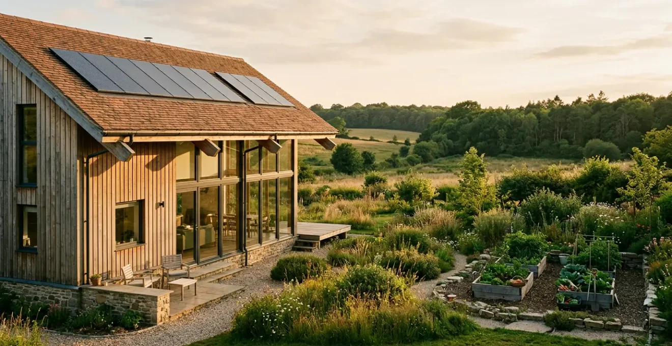 Vue architecturale d'une maison écologique moderne avec panneaux solaires et grandes baies vitrées orientées sud, entourée d'un jardin naturel