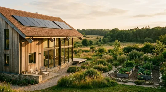 Vue architecturale d'une maison écologique moderne avec panneaux solaires et grandes baies vitrées orientées sud, entourée d'un jardin naturel