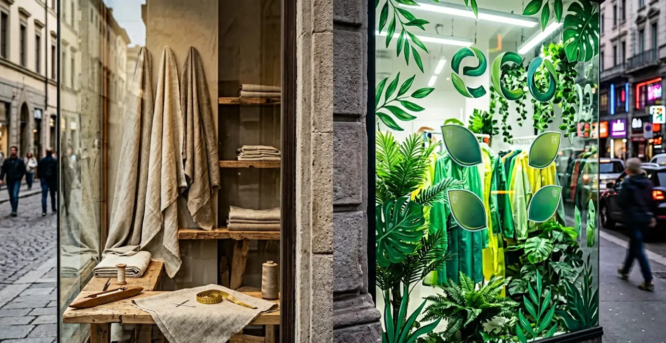 Comparaison visuelle entre une vitrine de mode éthique et une stratégie de greenwashing dans l'industrie textile