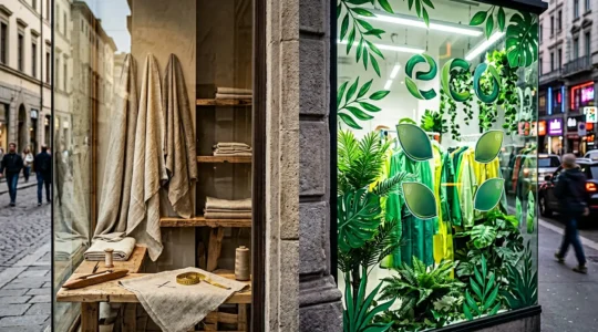 Comparaison visuelle entre une vitrine de mode éthique et une stratégie de greenwashing dans l'industrie textile