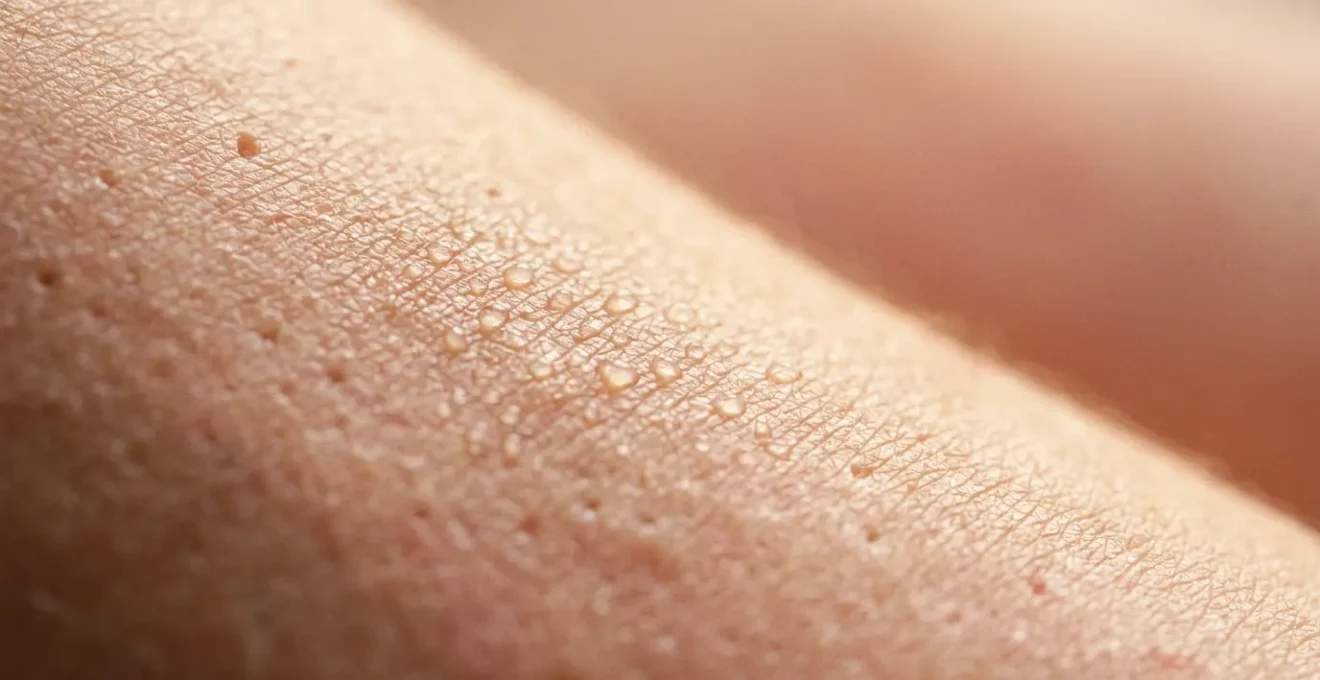 Composition artistique montrant l'équilibre délicat du microbiome cutané sur une peau saine