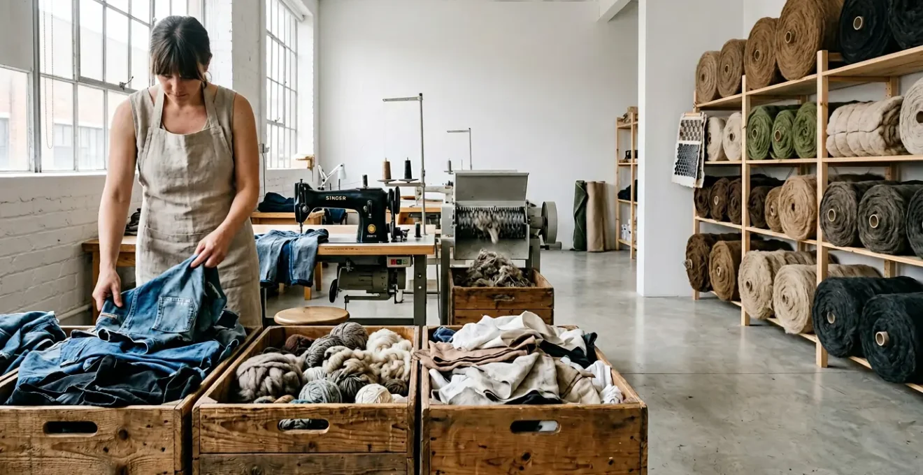Vue d'ensemble d'un atelier de transformation textile avec des matières en cours de tri et de recyclage