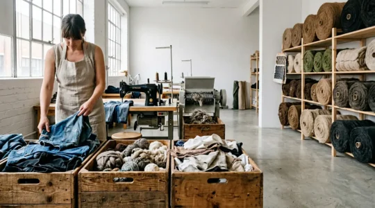 Vue d'ensemble d'un atelier de transformation textile avec des matières en cours de tri et de recyclage
