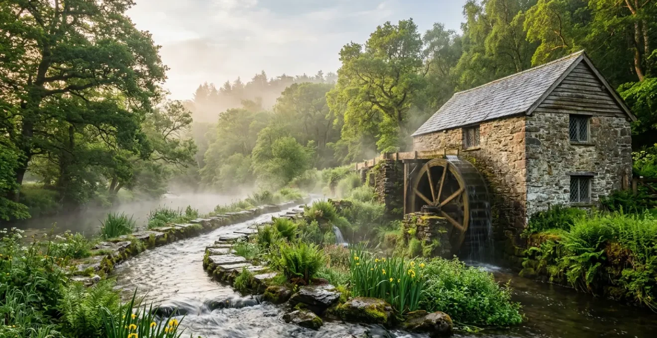 Vue atmosphérique d'un ancien moulin à eau rénové avec sa roue à aubes restaurée, baigné dans la lumière dorée du matin