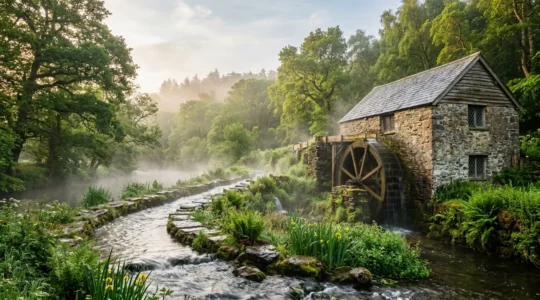 Vue atmosphérique d'un ancien moulin à eau rénové avec sa roue à aubes restaurée, baigné dans la lumière dorée du matin