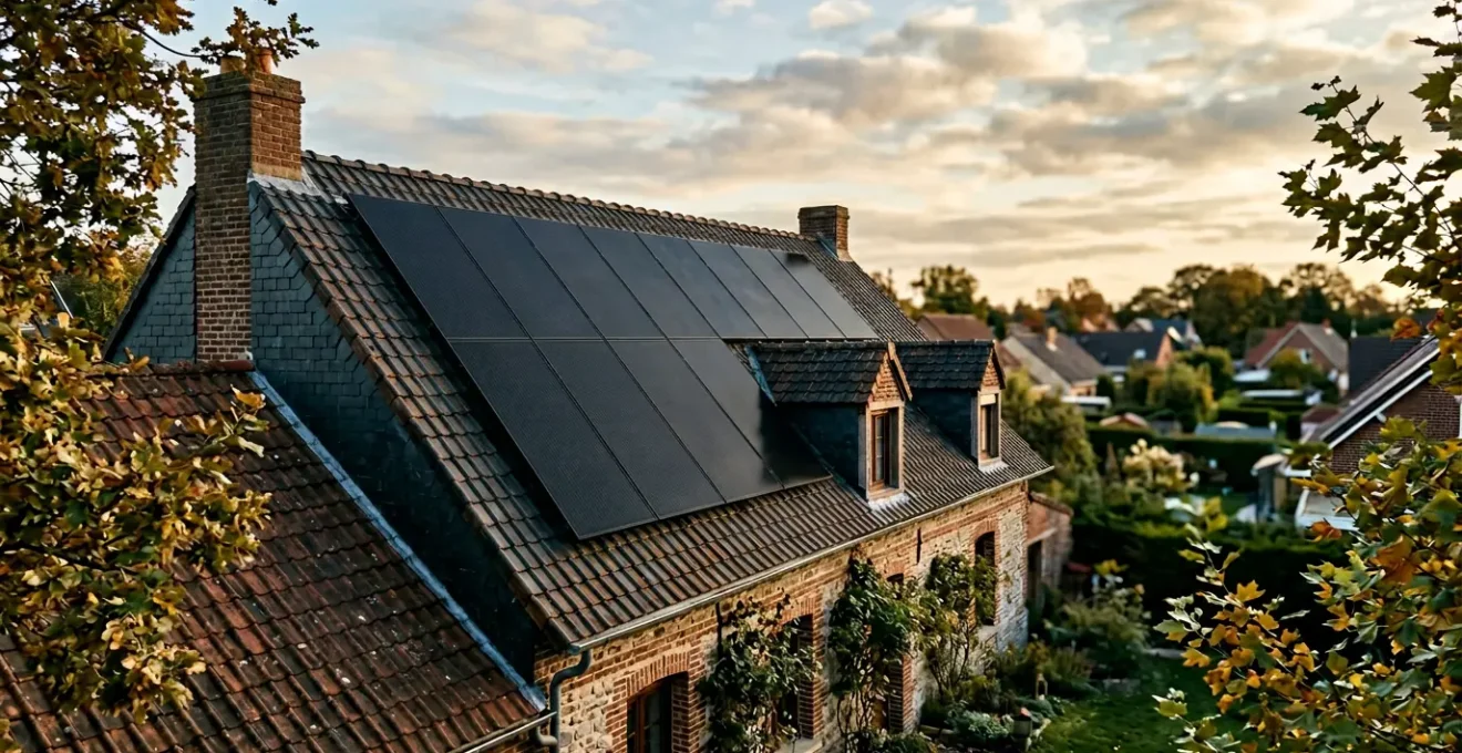 Installation de panneaux solaires thermiques sur le toit d'une maison dans le nord de la France avec ciel partiellement nuageux