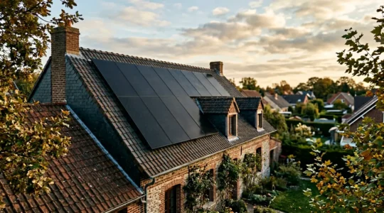 Installation de panneaux solaires thermiques sur le toit d'une maison dans le nord de la France avec ciel partiellement nuageux