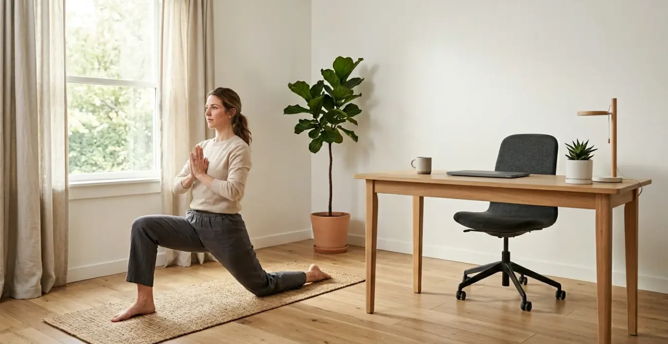 Personne pratiquant une posture de yoga pour corriger la posture de télétravailleur dans un espace de travail à domicile