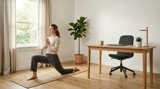 Personne pratiquant une posture de yoga pour corriger la posture de télétravailleur dans un espace de travail à domicile